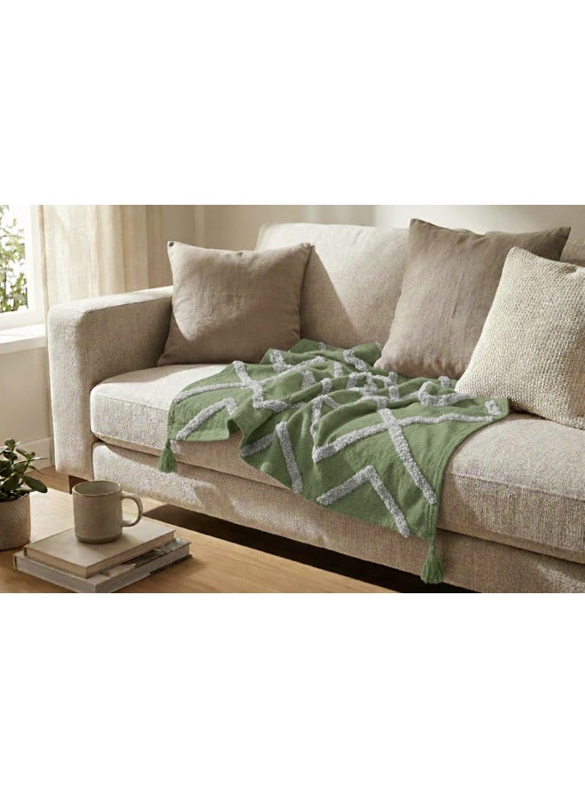 Ambrosia بطانية قطنية ب pastel 130 x 160 سم بلون أخضر مريح مع نمط هندسي بوهو مزخرف بتصميم مميز، غطاء سميك 400GSM للكنبة والسرير - Image 5